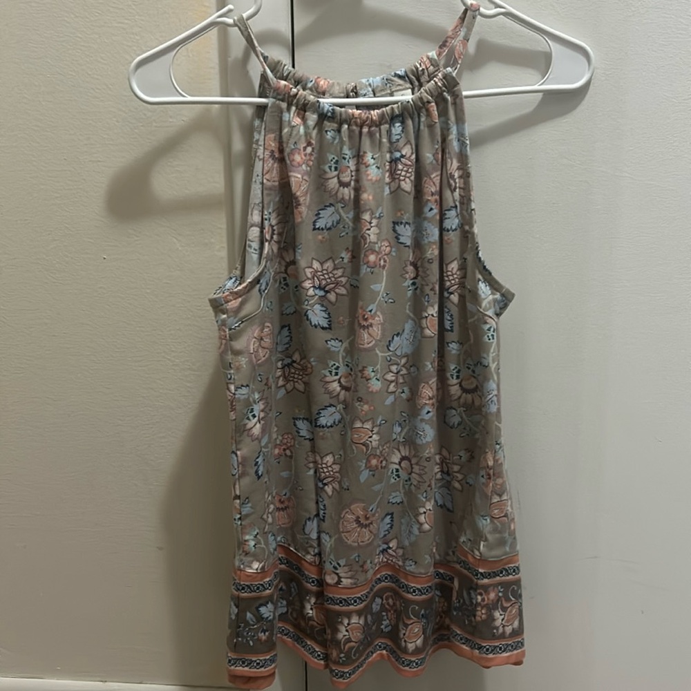 Women’s small beige flower print tank top with tie on the neck in the back